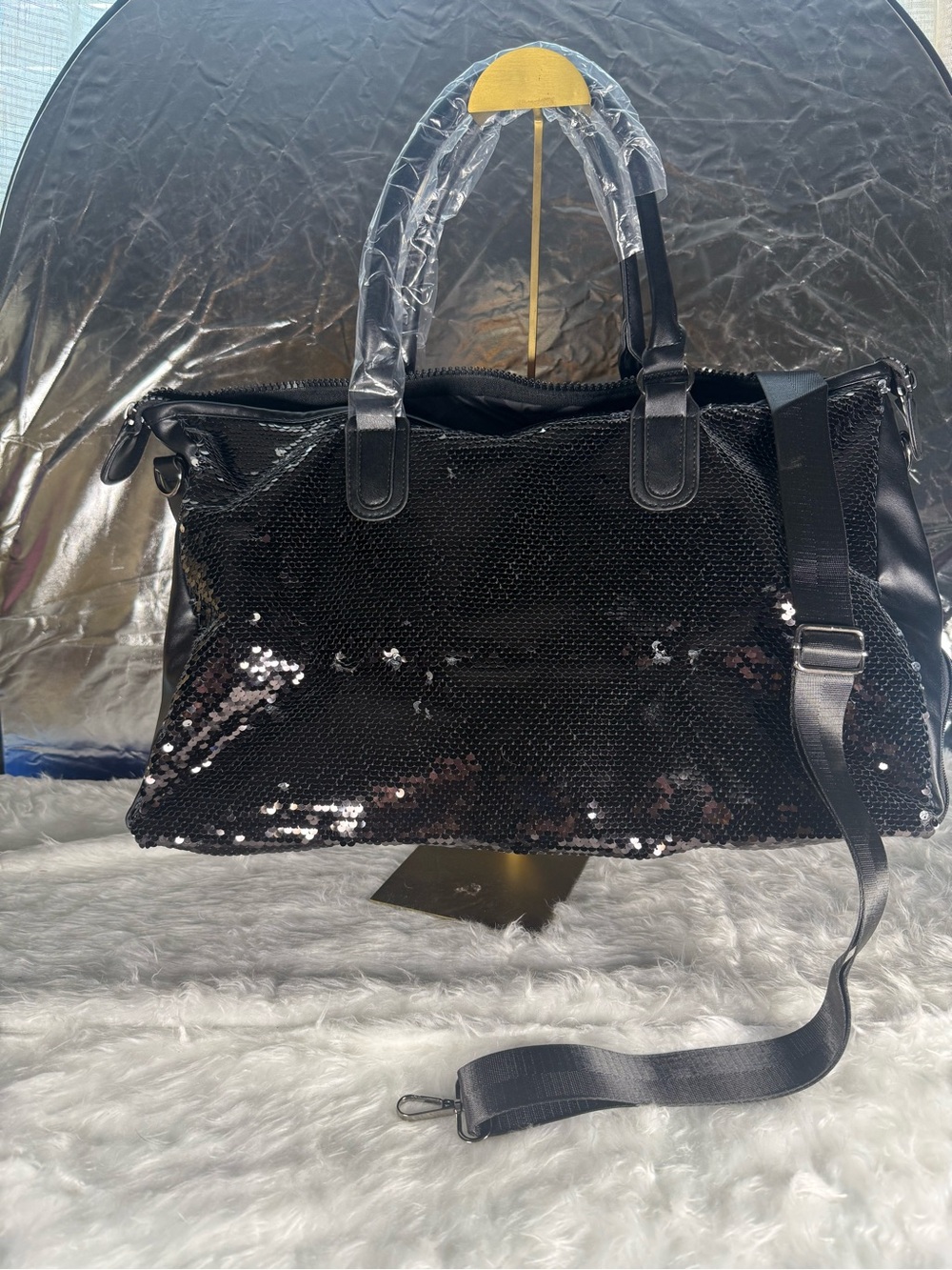 Source Unknown Black Sequin Tote with Adjustable Strap